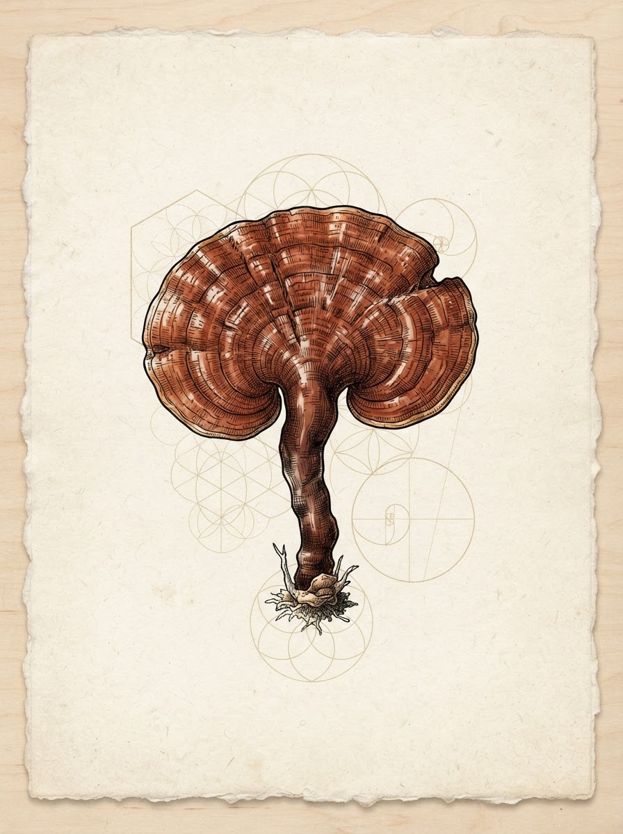 Ilustración ancestral de Reishi (Ganoderma Lucidum)