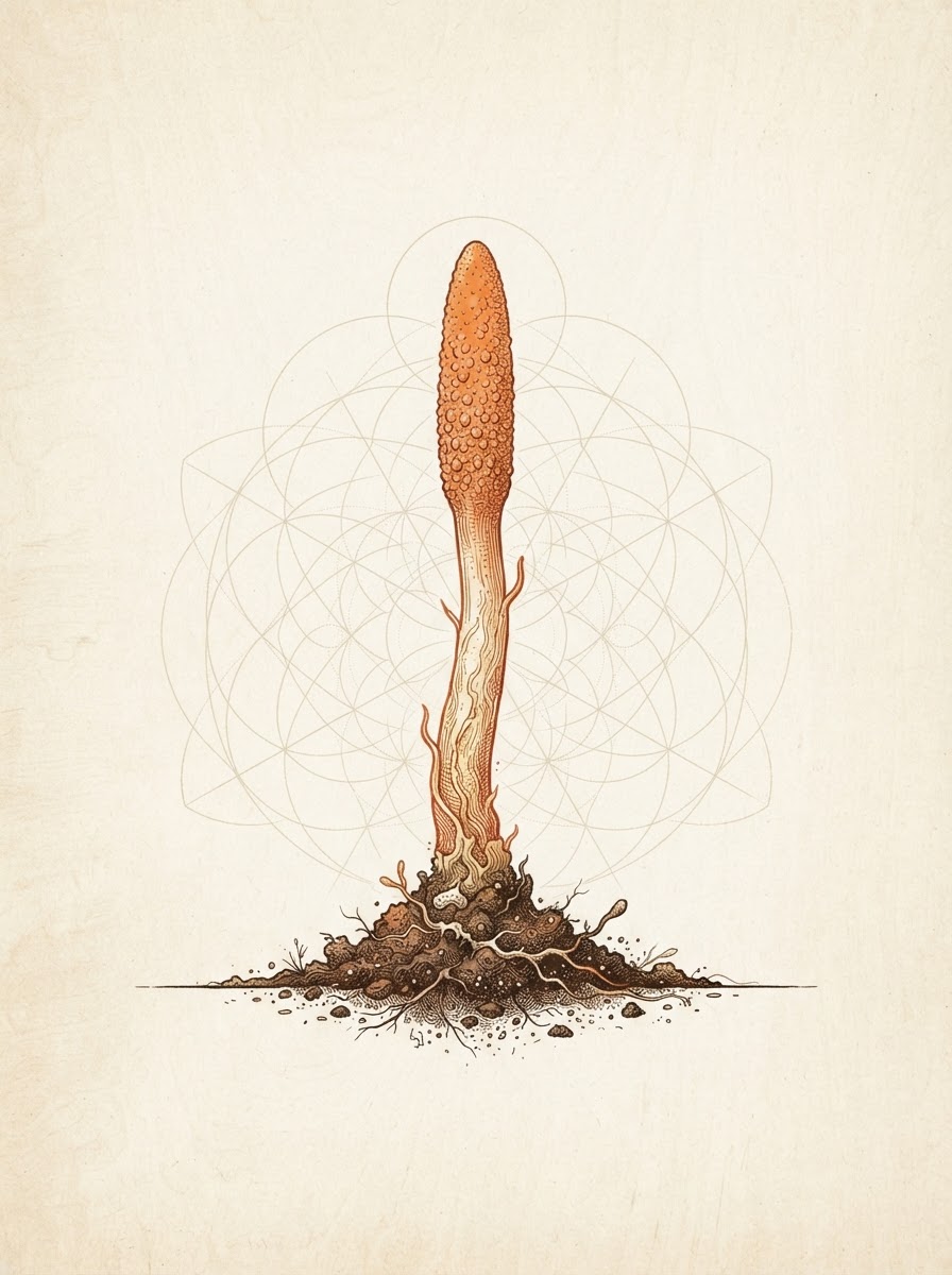 Ilustración ancestral de Cordyceps Militaris